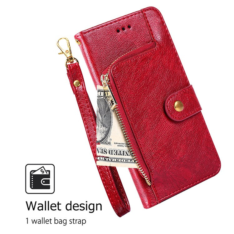 For OnePlus Nord CE4 Lite 5G / Oppo K12x 5G (China) Case Zipper Pocket PU Leather Wallet Flip Phone Cover - Red