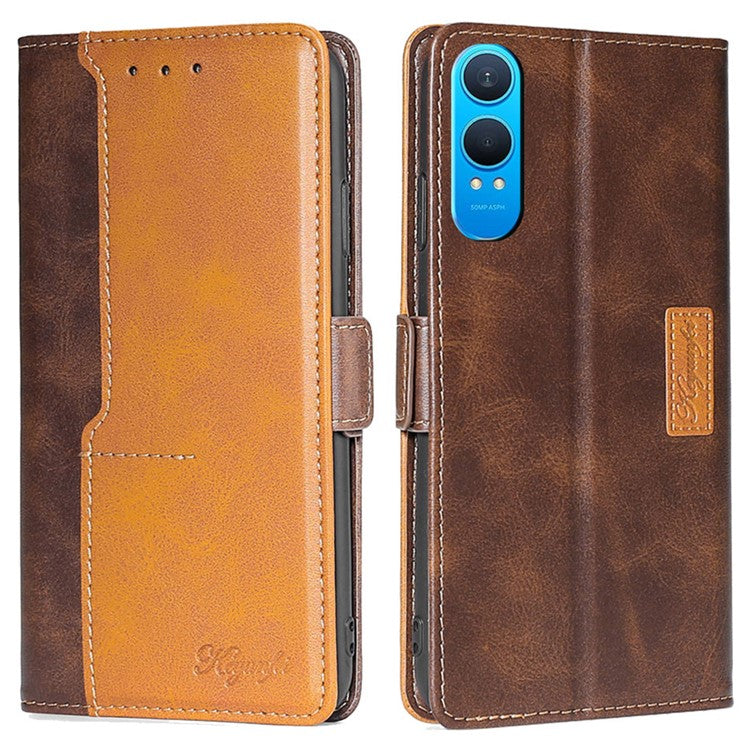 For OnePlus Nord CE4 Lite 5G / Oppo K12x 5G (China) Case Contrast Color Wallet Leather Phone Cover - Dark Brown+Gold