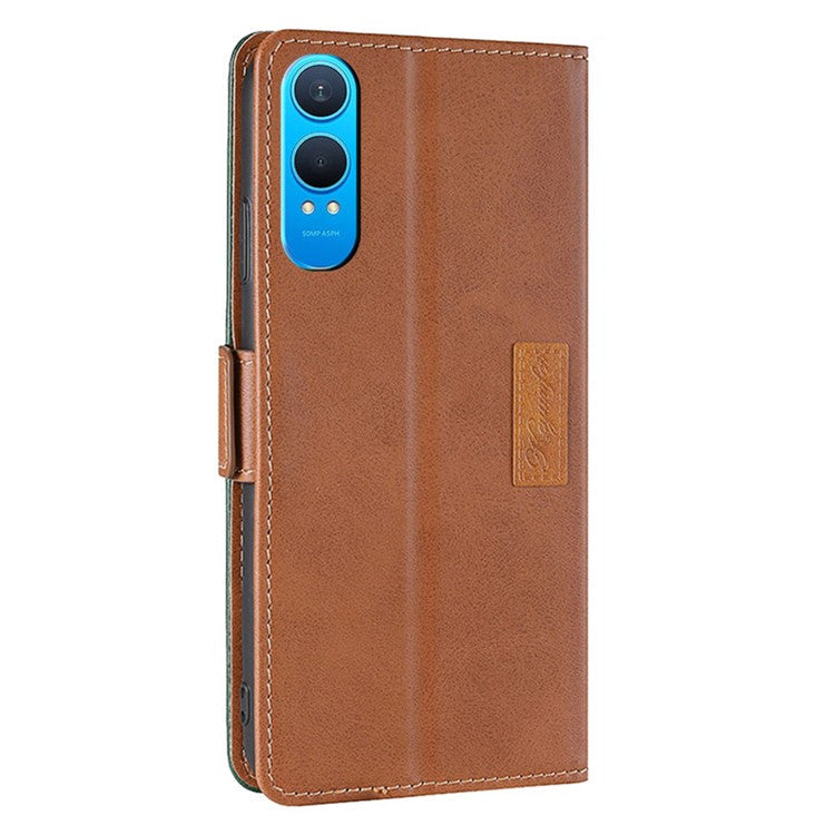 For OnePlus Nord CE4 Lite 5G / Oppo K12x 5G (China) Case Contrast Color Wallet Leather Phone Cover - Dark Brown+Gold