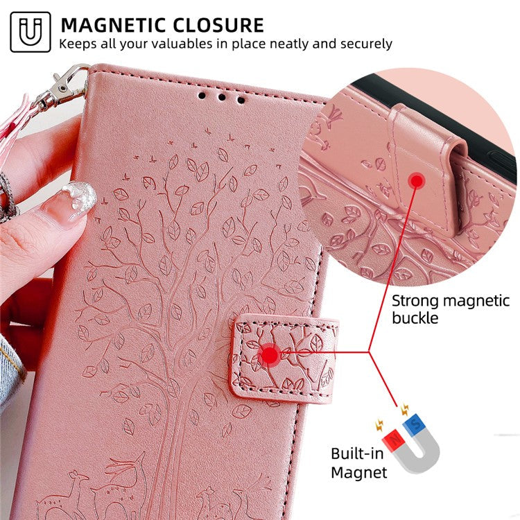 For OnePlus Nord CE4 Lite 5G / Oppo K12x 5G (China) Case PU Leather Wallet Phone Cover Tree Deer Imprinted - Rose Gold