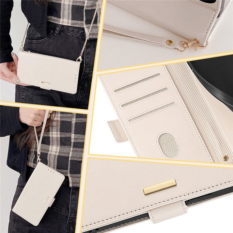 For OnePlus Nord CE4 Lite 5G / Oppo K12x 5G (China) Case PU Leather Wallet Stand Phone Cover with Crossbody Shoulder Strap - White