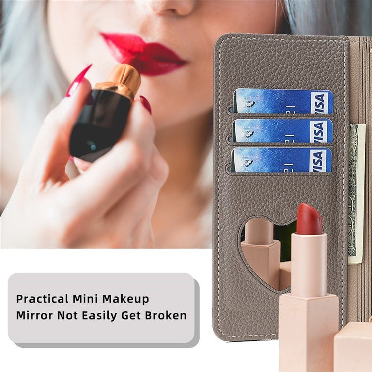 For OnePlus Nord CE4 Lite 5G / Oppo K12x 5G (China) Case Mirror Wallet Leather Phone Cover with Chain Shoulder Strap - Grey