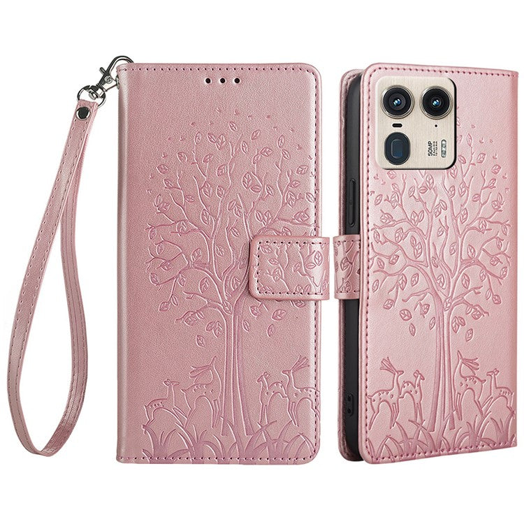 For Motorola Moto X50 Ultra 5G / Edge 50 Ultra 5G Case PU Leather Wallet Phone Cover Tree Deer Imprinted - Rose Gold