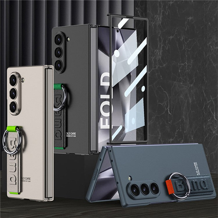 GKK For Samsung Galaxy Z Fold5 5G Case Tempered Glass Screen Film+Hard PC Phone Cover with Ring Holder, Finger Strap - Carbon Fiber Texture