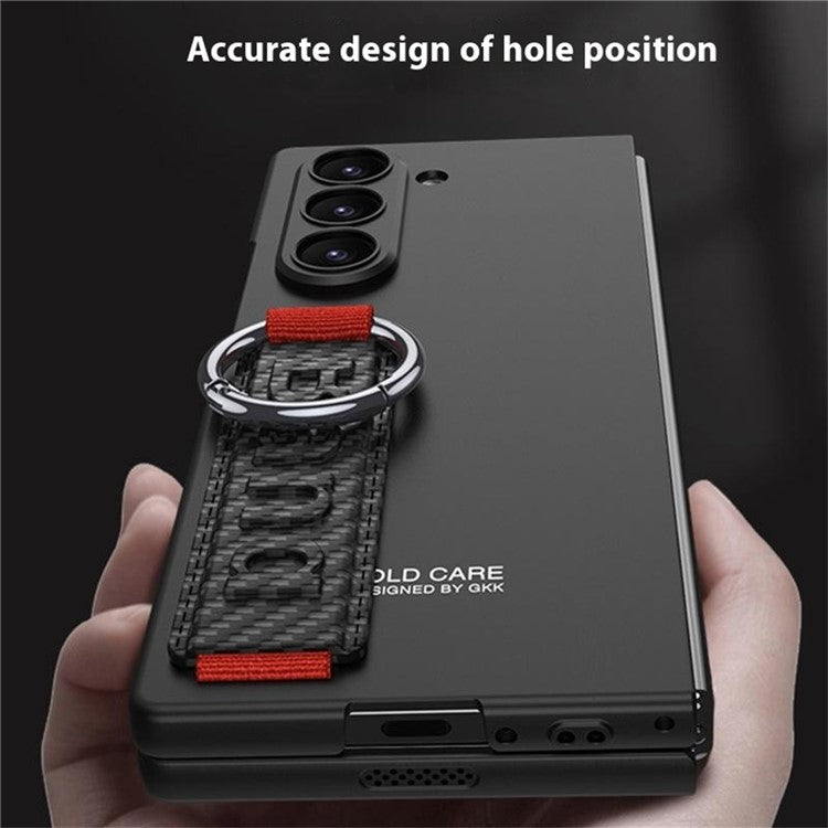 GKK For Samsung Galaxy Z Fold5 5G Case Tempered Glass Screen Film+Hard PC Phone Cover with Ring Holder, Finger Strap - Carbon Fiber Texture
