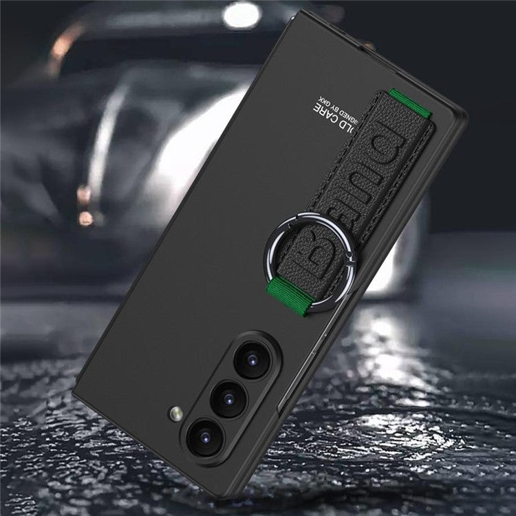 GKK For Samsung Galaxy Z Fold5 5G Case Tempered Glass Screen Film+Hard PC Phone Cover with Ring Holder, Finger Strap - Carbon Fiber Texture