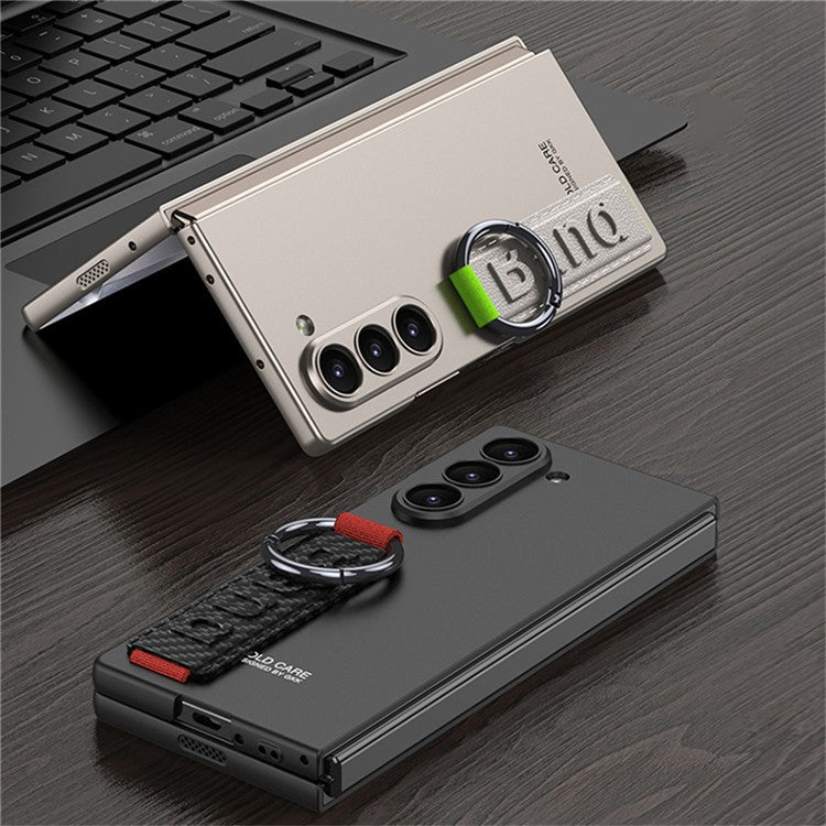 GKK For Samsung Galaxy Z Fold5 5G Case Tempered Glass Screen Film+Hard PC Phone Cover with Ring Holder, Finger Strap - Carbon Fiber Texture