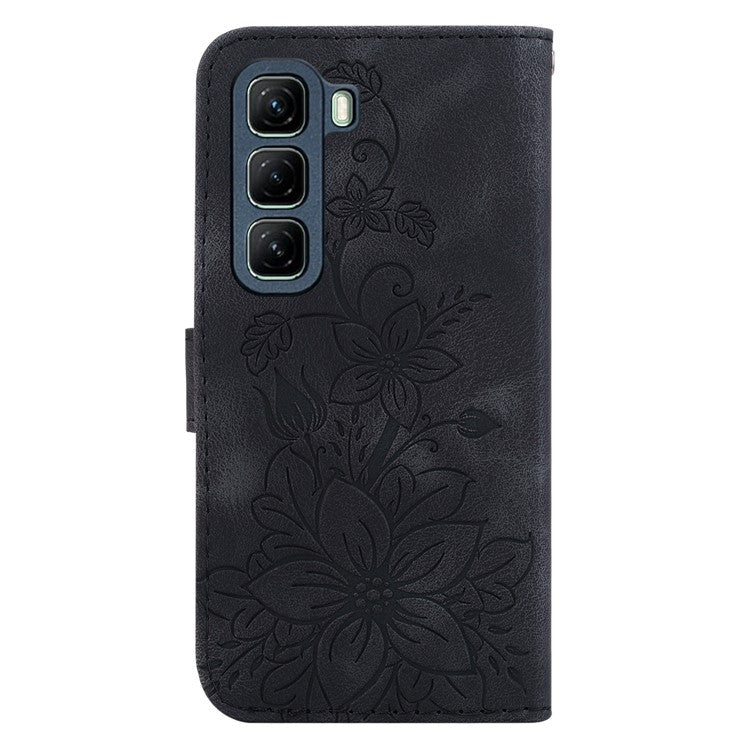 For Infinix Hot 50 5G Case Lily Flower Imprint Leather Phone Cover with Stand - Black