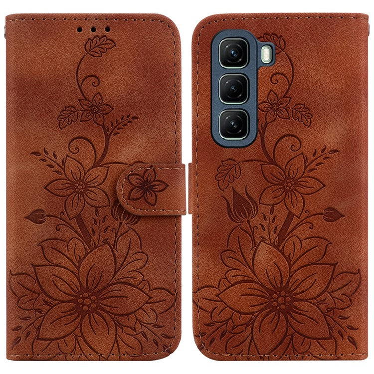 For Infinix Hot 50 5G Case Lily Flower Imprint Leather Phone Cover with Stand - Brown