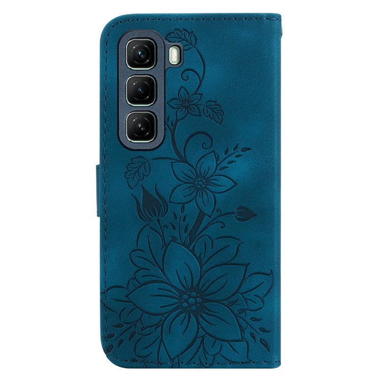 For Infinix Hot 50 4G Case Lily Flower Imprint Leather Phone Cover with Stand - Dark Blue