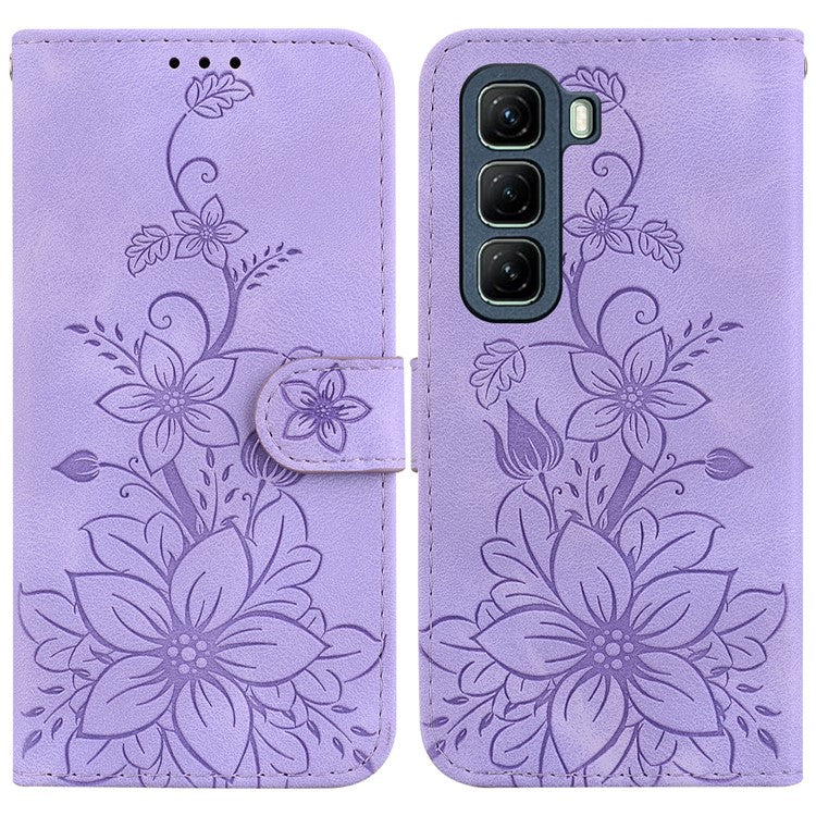 For Infinix Hot 50 4G Case Lily Flower Imprint Leather Phone Cover with Stand - Purple