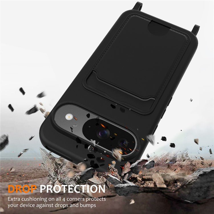 For Google Pixel 9 Case Liquid Silicone Card Holder Phone Back Cover with Lanyard - Black