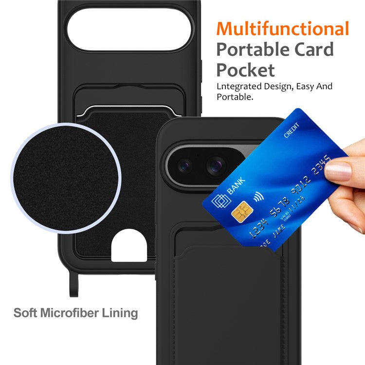 For Google Pixel 9 Case Liquid Silicone Card Holder Phone Back Cover with Lanyard - Black