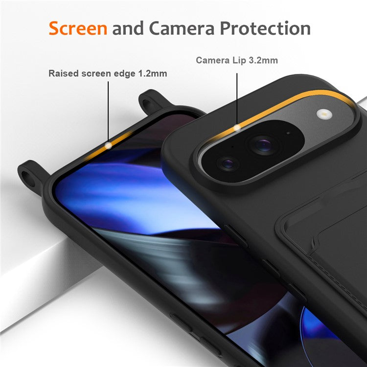 For Google Pixel 9 Case Liquid Silicone Card Holder Phone Back Cover with Lanyard - Black