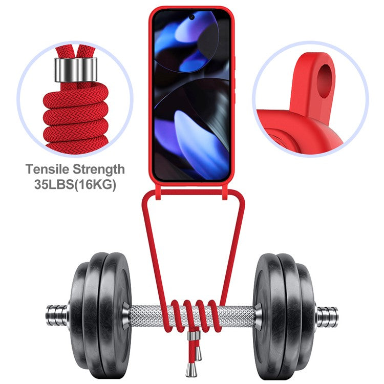 For Google Pixel 9 Case Liquid Silicone Card Holder Phone Back Cover with Lanyard - Red