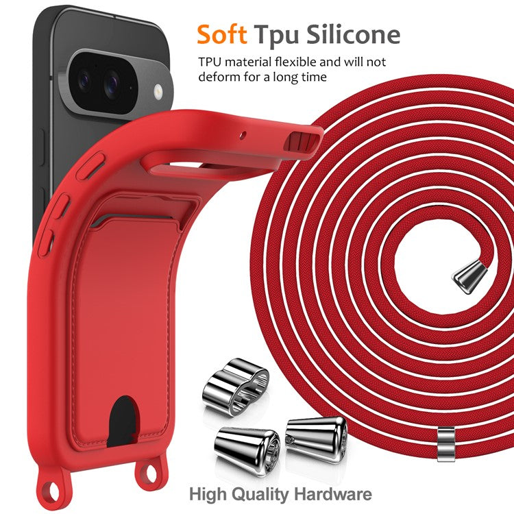 For Google Pixel 9 Case Liquid Silicone Card Holder Phone Back Cover with Lanyard - Red