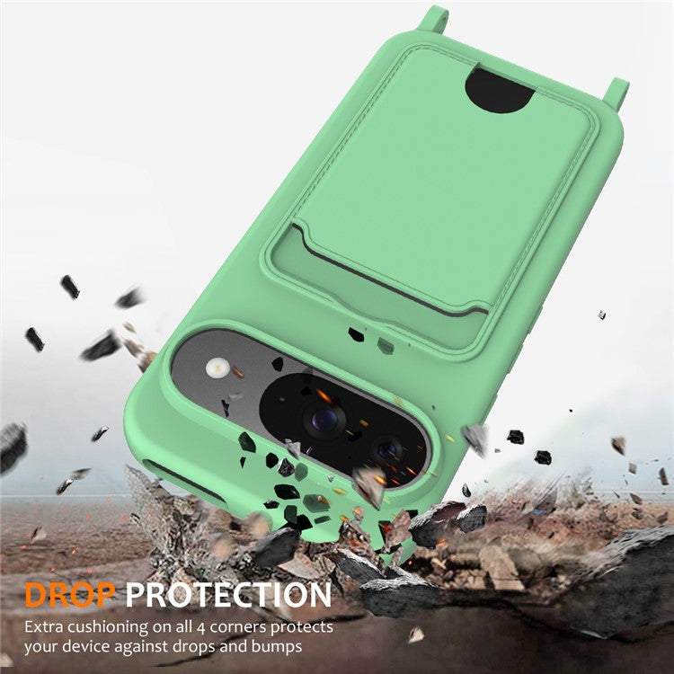 For Google Pixel 9 Case Liquid Silicone Card Holder Phone Back Cover with Lanyard - Green