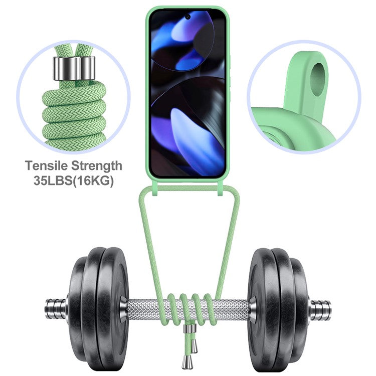 For Google Pixel 9 Case Liquid Silicone Card Holder Phone Back Cover with Lanyard - Green