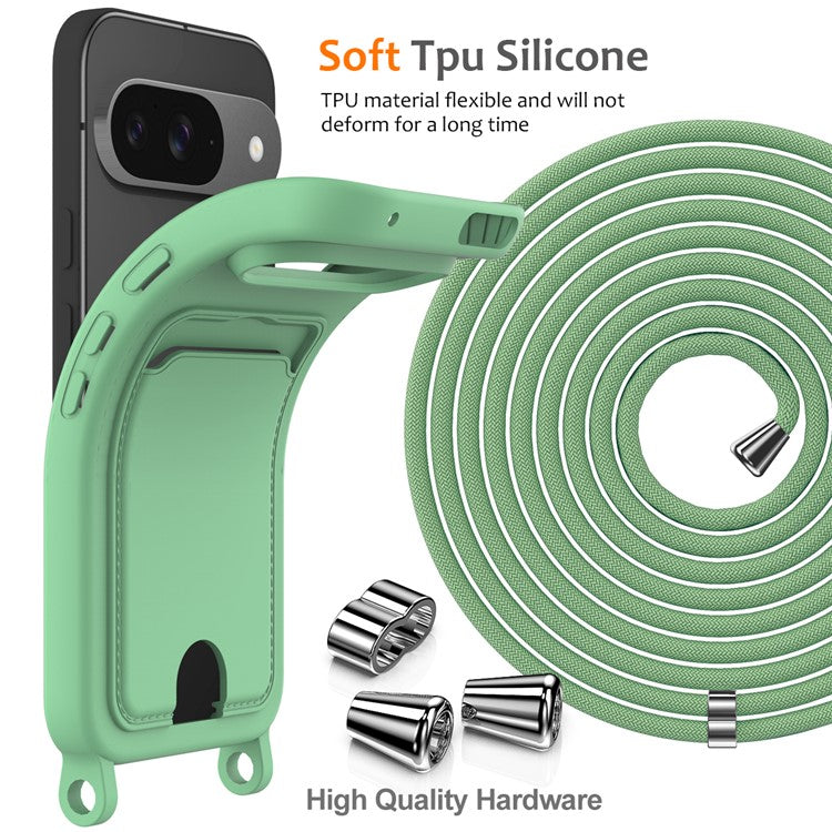 For Google Pixel 9 Case Liquid Silicone Card Holder Phone Back Cover with Lanyard - Green