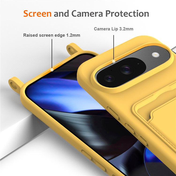 For Google Pixel 9 Case Liquid Silicone Card Holder Phone Back Cover with Lanyard - Yellow