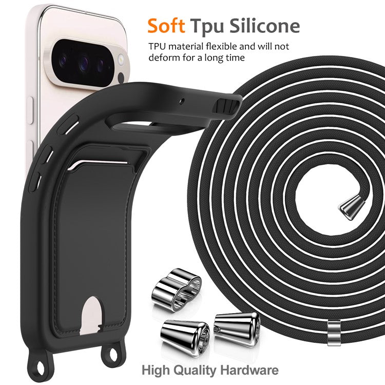 For Google Pixel 9 Pro XL Case Liquid Silicone Card Holder Phone Back Cover with Lanyard - Black