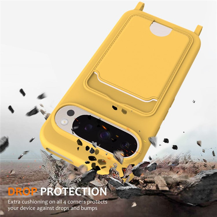 For Google Pixel 9 Pro XL Case Liquid Silicone Card Holder Phone Back Cover with Lanyard - Yellow