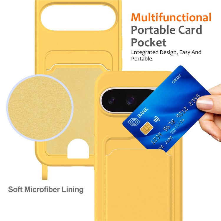 For Google Pixel 9 Pro XL Case Liquid Silicone Card Holder Phone Back Cover with Lanyard - Yellow