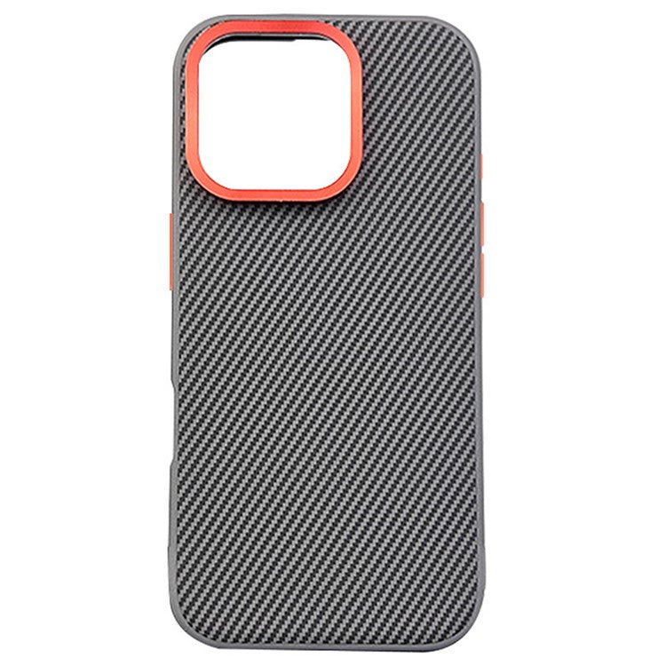For iPhone 16 Pro Case Carbon Fiber Texture PU+PC+TPU Phone Cover with Metal Lens Frame - Grey