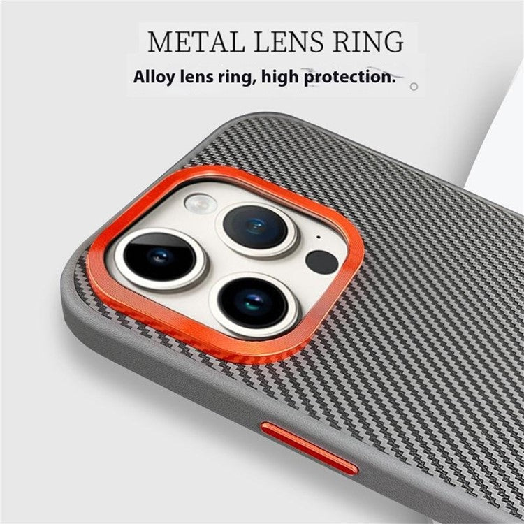 For iPhone 16 Pro Case Carbon Fiber Texture PU+PC+TPU Phone Cover with Metal Lens Frame - Grey