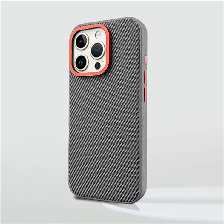 For iPhone 16 Pro Case Carbon Fiber Texture PU+PC+TPU Phone Cover with Metal Lens Frame - Grey
