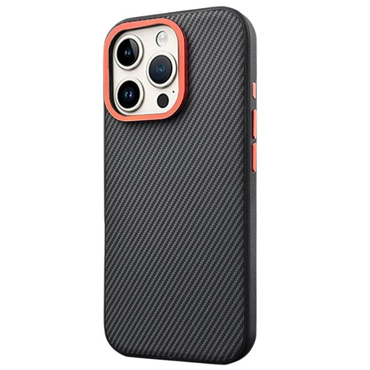 For iPhone 16 Pro Case Carbon Fiber Texture PU+PC+TPU Phone Cover with Metal Lens Frame - Black