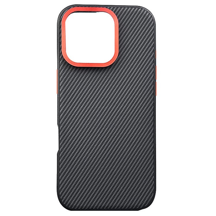 For iPhone 16 Pro Case Carbon Fiber Texture PU+PC+TPU Phone Cover with Metal Lens Frame - Black