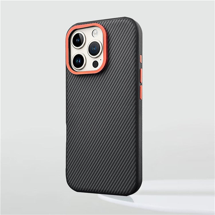 For iPhone 16 Pro Case Carbon Fiber Texture PU+PC+TPU Phone Cover with Metal Lens Frame - Black