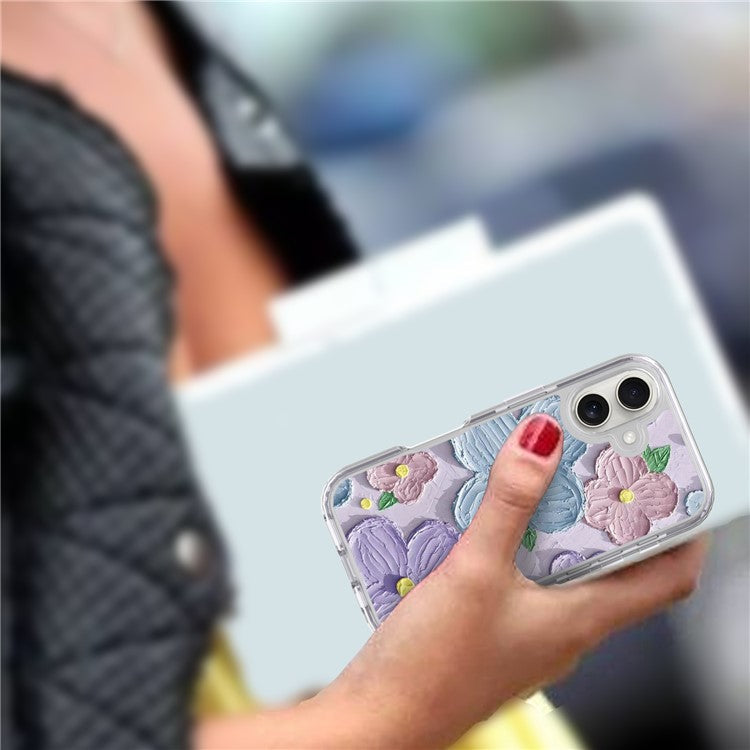 GW02 For iPhone 16 Plus Case IMD Pattern TPU+PC Shockproof Phone Cover - Purple Flower