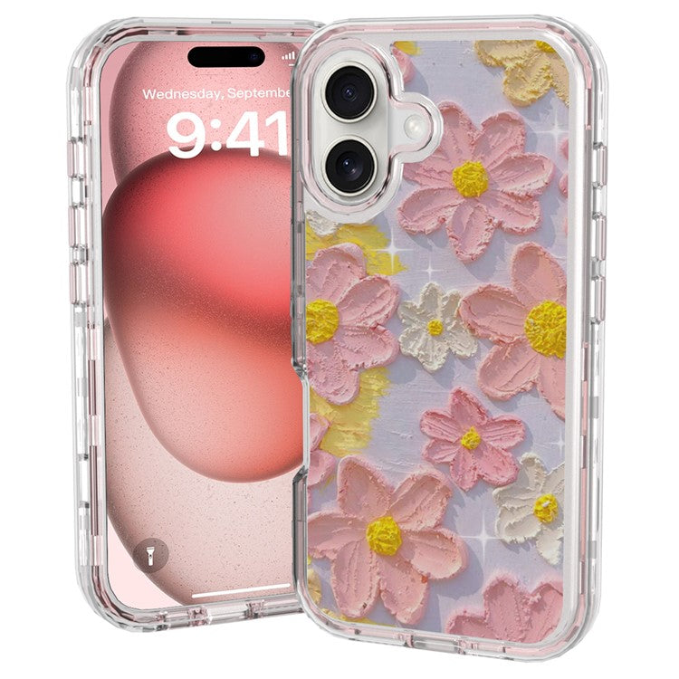 GW02 For iPhone 16 Case IMD Pattern TPU+PC Shockproof Phone Cover - Pink Flower