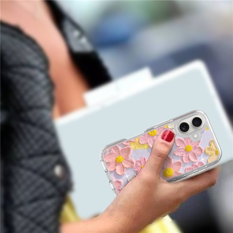 GW02 For iPhone 16 Case IMD Pattern TPU+PC Shockproof Phone Cover - Pink Flower