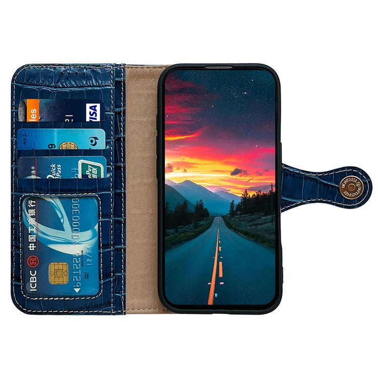For iPhone 16 Pro Case Crocodile Texture Genuine Cow Leather Wallet Phone Cover - Blue