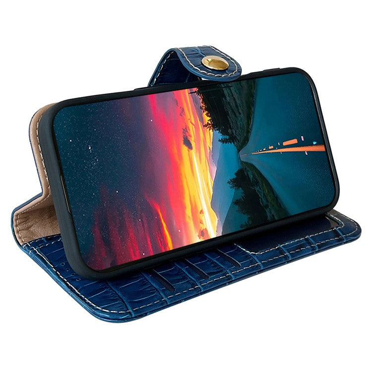 For iPhone 16 Pro Case Crocodile Texture Genuine Cow Leather Wallet Phone Cover - Blue