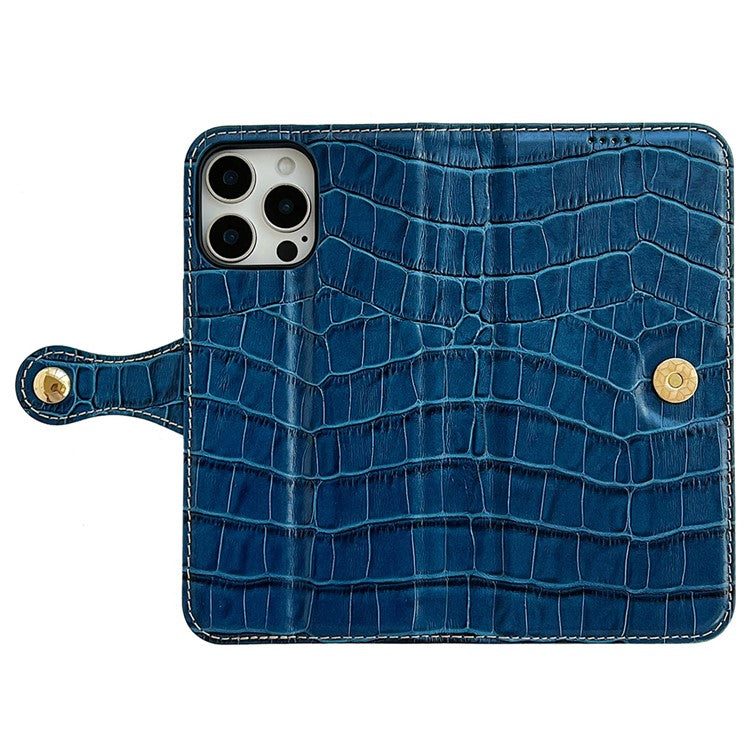 For iPhone 16 Pro Case Crocodile Texture Genuine Cow Leather Wallet Phone Cover - Blue