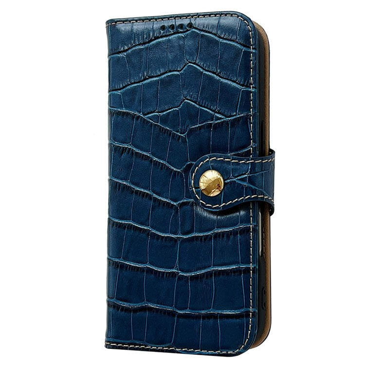For iPhone 16 Pro Case Crocodile Texture Genuine Cow Leather Wallet Phone Cover - Blue