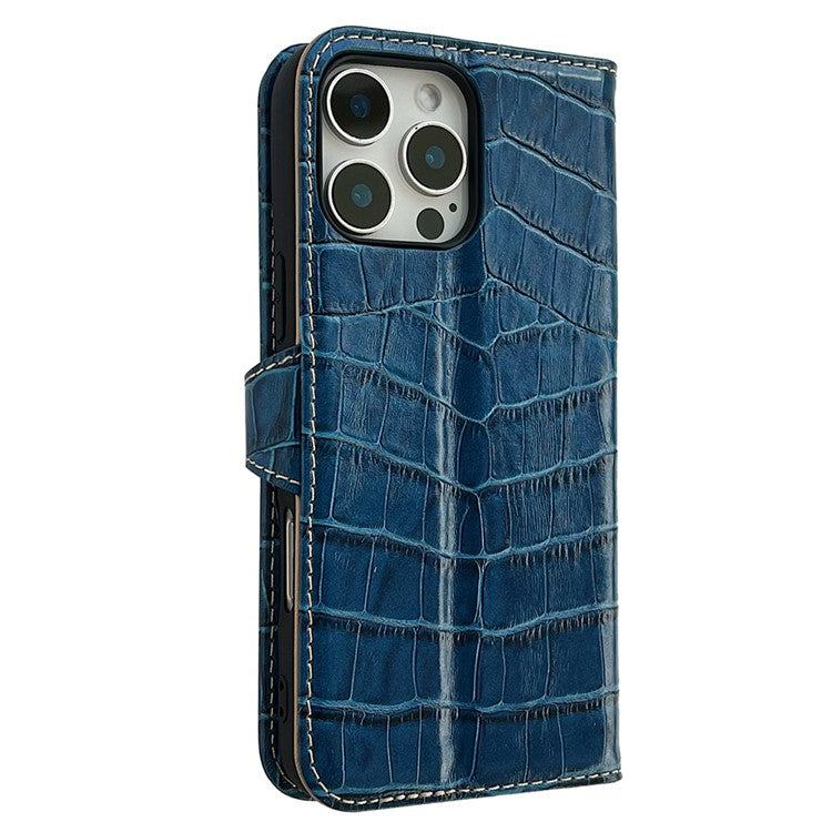 For iPhone 16 Pro Case Crocodile Texture Genuine Cow Leather Wallet Phone Cover - Blue