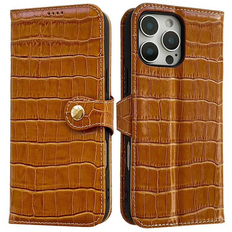 For iPhone 16 Pro Case Crocodile Texture Genuine Cow Leather Wallet Phone Cover - Brown