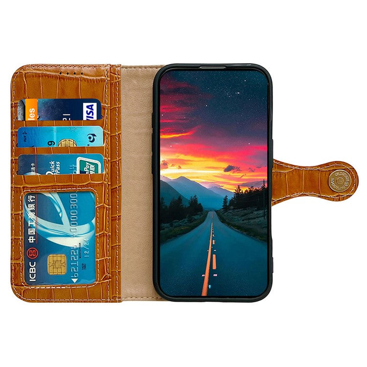 For iPhone 16 Pro Case Crocodile Texture Genuine Cow Leather Wallet Phone Cover - Brown