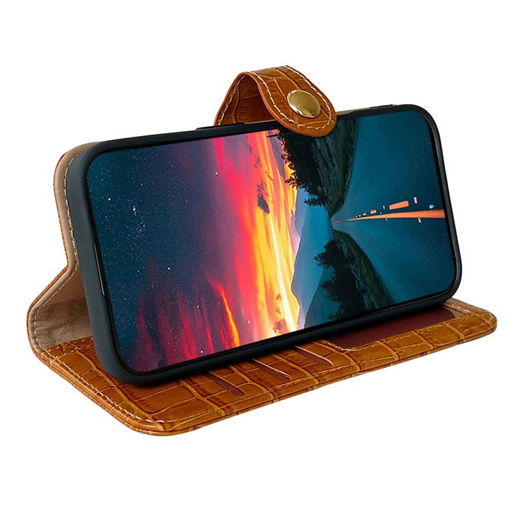 For iPhone 16 Pro Case Crocodile Texture Genuine Cow Leather Wallet Phone Cover - Brown