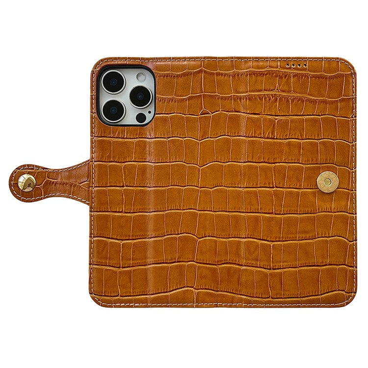 For iPhone 16 Pro Case Crocodile Texture Genuine Cow Leather Wallet Phone Cover - Brown