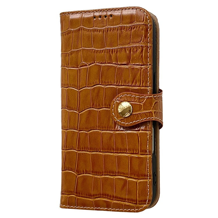 For iPhone 16 Pro Case Crocodile Texture Genuine Cow Leather Wallet Phone Cover - Brown