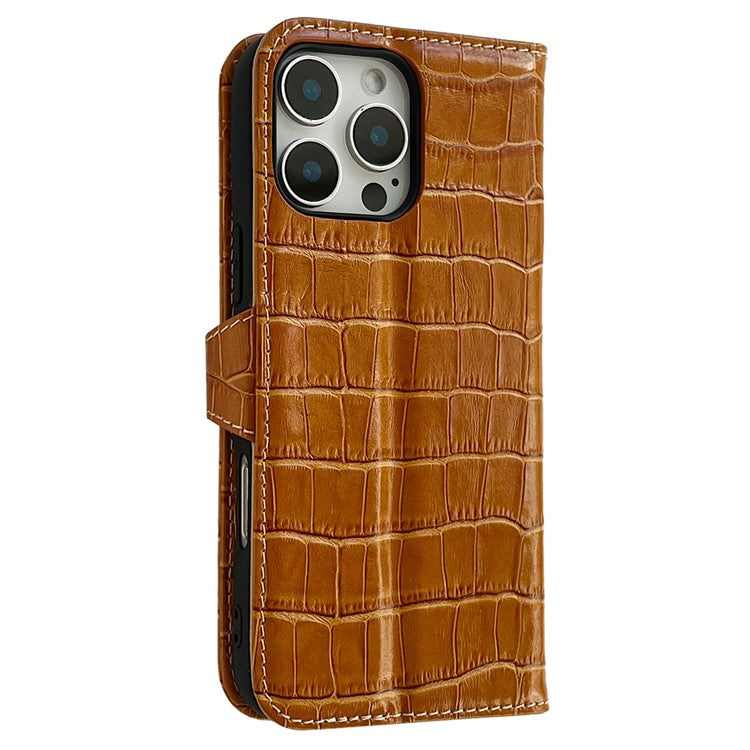 For iPhone 16 Pro Case Crocodile Texture Genuine Cow Leather Wallet Phone Cover - Brown