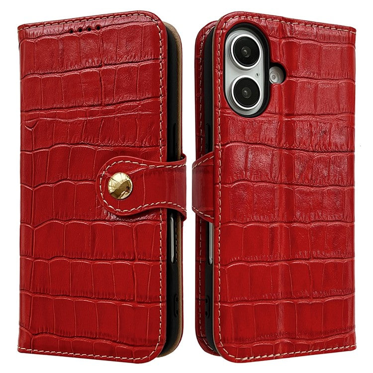 For iPhone 16 Case Crocodile Texture Genuine Cow Leather Wallet Phone Cover - Red