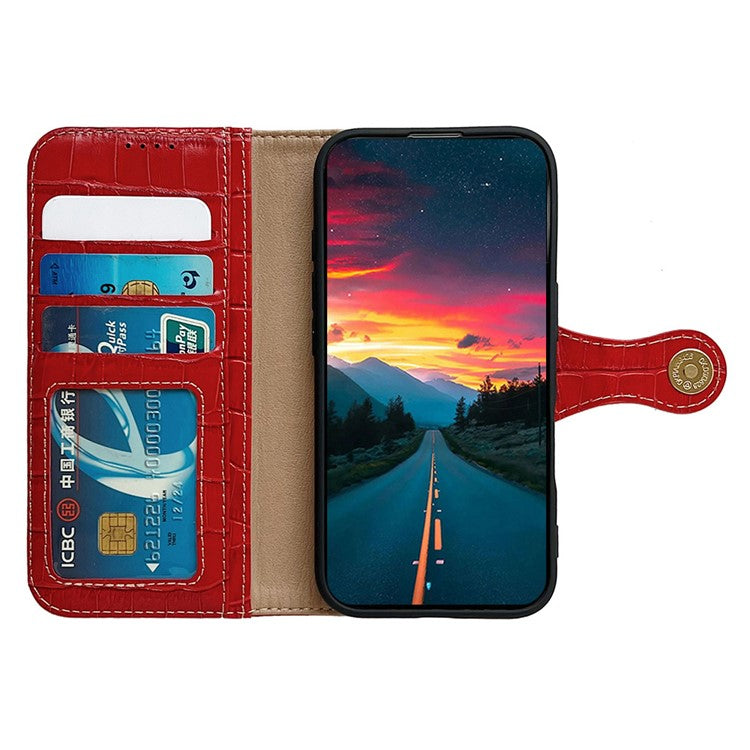 For iPhone 16 Case Crocodile Texture Genuine Cow Leather Wallet Phone Cover - Red