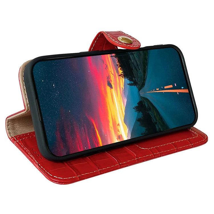 For iPhone 16 Case Crocodile Texture Genuine Cow Leather Wallet Phone Cover - Red